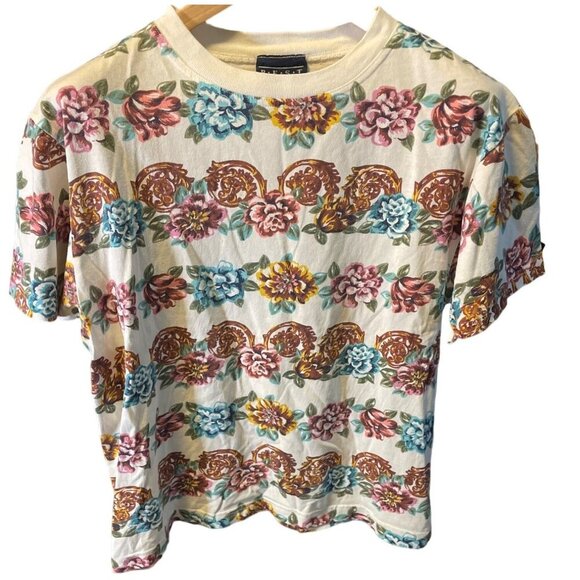 Best American White Floral Pattern Short Sleeve Crew Neck Top SZ Medium - Picture 1 of 7